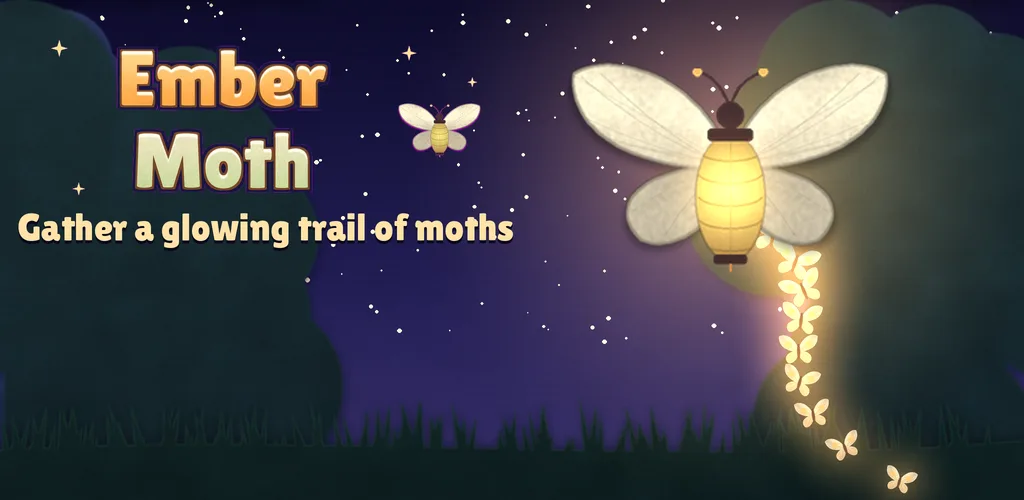 Ember Moth feature art: a glowing paper moth rising through a moonlit forest with a trail of light