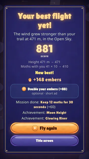 The results screen: height plus 10 points per moth