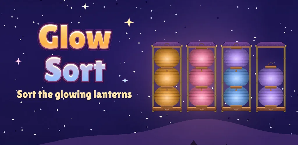 Glow Sort feature art: colorful paper lanterns on stands under a starry night sky