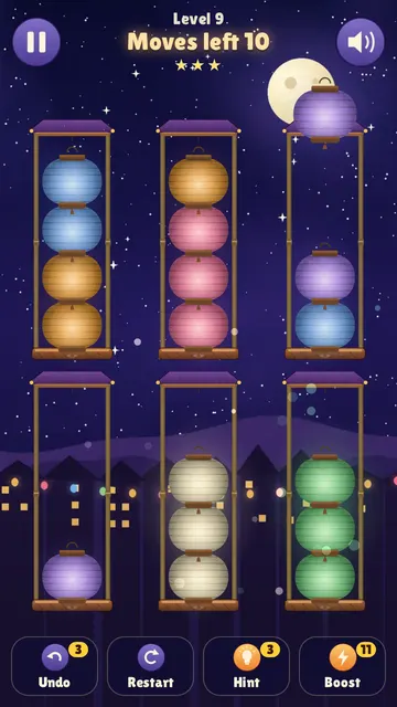 Sorting colored lanterns between stands